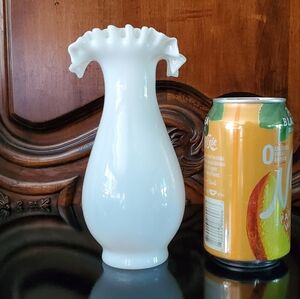 Antique 7" White Opalescent Mouthblown Crimped Glass Vase